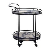 A two-tier bar cart with a black metal frame and round marble-patterned trays, shown on a plain white background.
