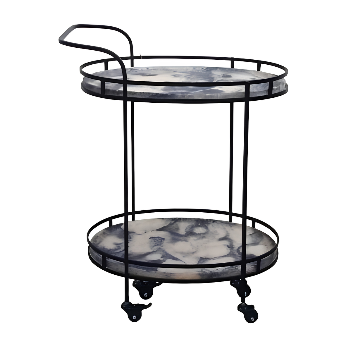 A two-tier bar cart with a black metal frame and round marble-patterned trays, shown on a plain white background.